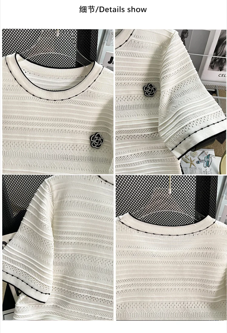 Summer Oversized women sweater pullover 2024 short sleeve o neck hollow out flower knit T-shirt jumper casual loose sweaters