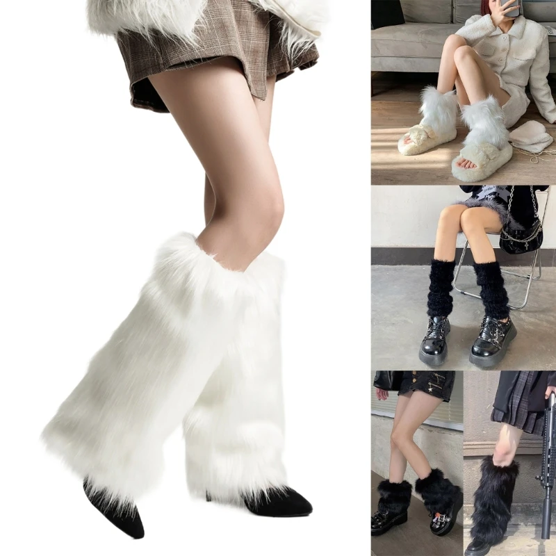 Fuzzy Faux Furs Leg Warmers Furs Long Cuffs Cover Has Elastic One Pair Carnivals Boot Cover Y2K JK Uniform