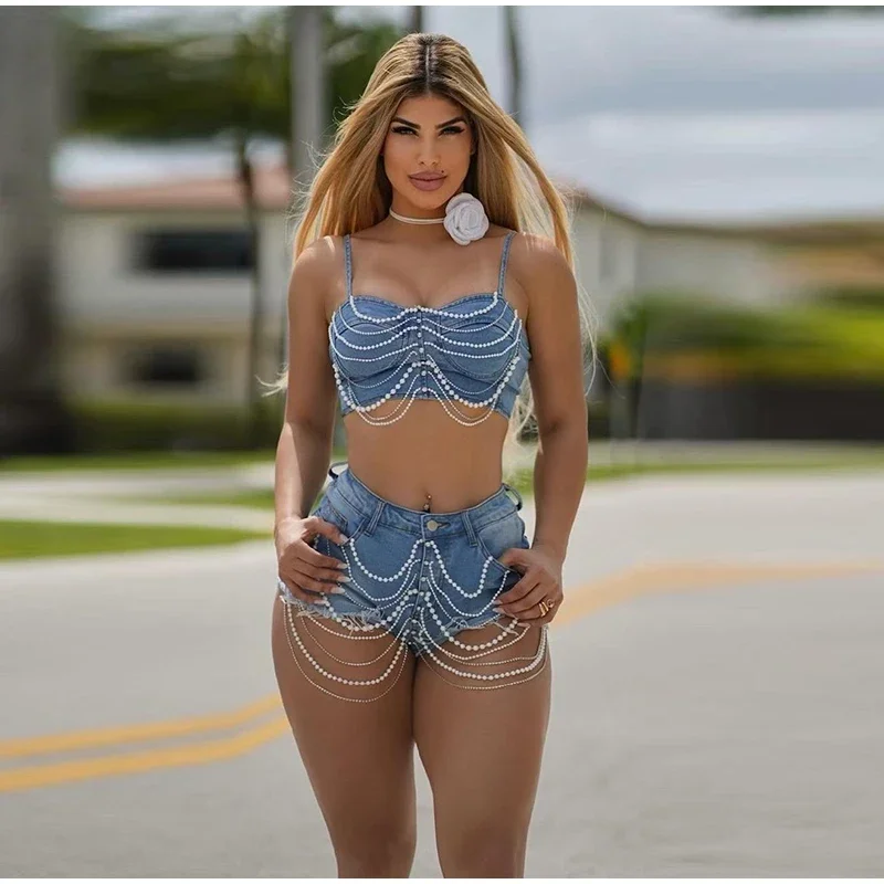 

CPSYMYM Beach Denim Pearl Chest Wrap Shorts Set Women Sexy Sleeveless Crop Top High Waist Short Pant Female Suit Summer Lady Su