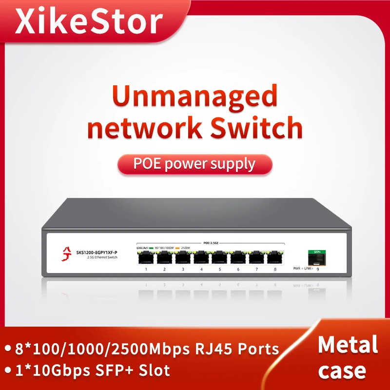 

XikeStor 9 Port 2.5G Unmanaged PoE Switch with 8 100/1000/2500M RJ45 & 1 10G SFP+ Ports Metal Case Silent Fan for Auto MDI/MDIX