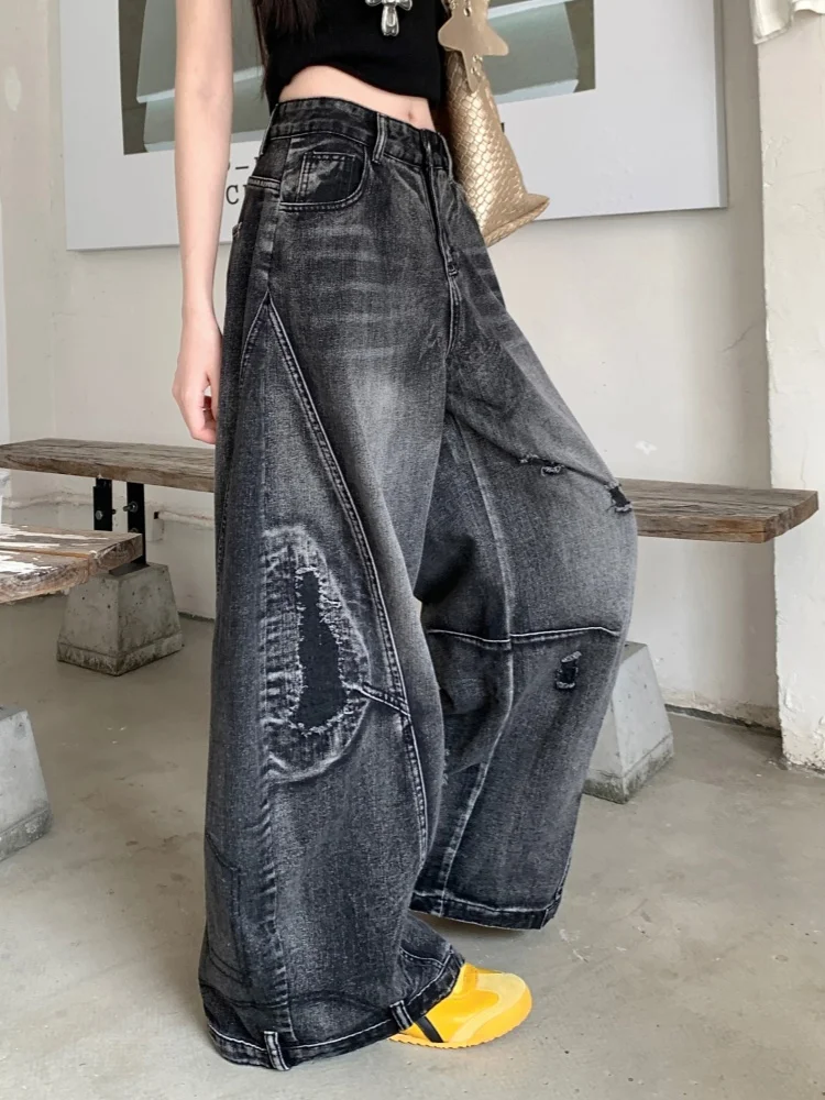 

Осень 202, винтажные мешковатые рваные джинсы Y2K, женские широкие брюки в американском стиле ретро-хоп, уличная одежда, брюки 2000-х, 90-х годов