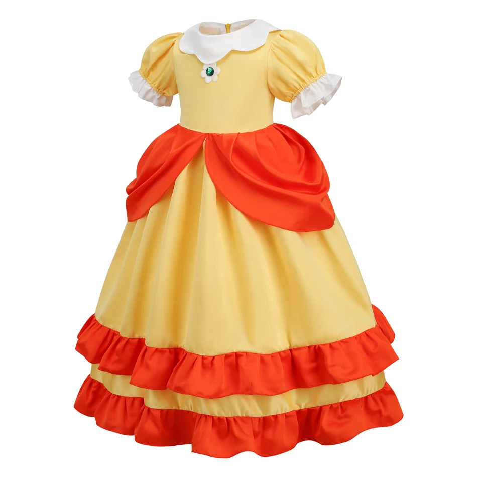 Girls Daisy Princess Yellow Layered Tulle Dress with Accessories Game Character Cosplay Costume Kids Halloween Carnival Gown