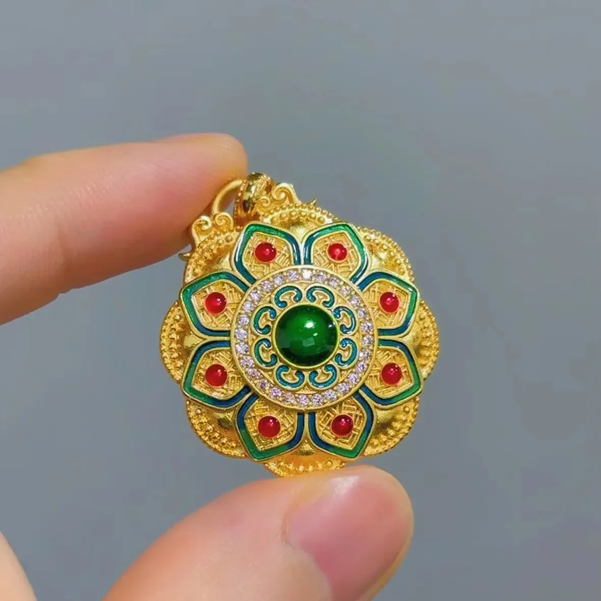 

New Chinese 9999 24K real gold Eight Treasures Lotus Pendant Retro Necklace Enamel Pendant Headpiece Jewelry Holiday Gift