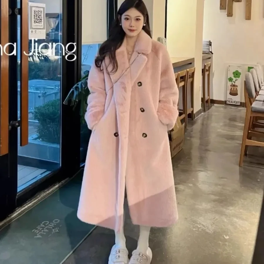 Suit collar Long Coat 2025 Autumn/winter Women's Iimitation rabbit fur Thick Warm Temperament Environmentally Friendly Fur Coats