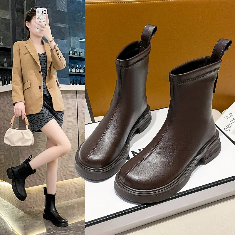 

35-41Large Size Women's Shoes Short Boots Early Autumn Trendy Short Boots Thick Sole Chelsea Leather Slim Boots