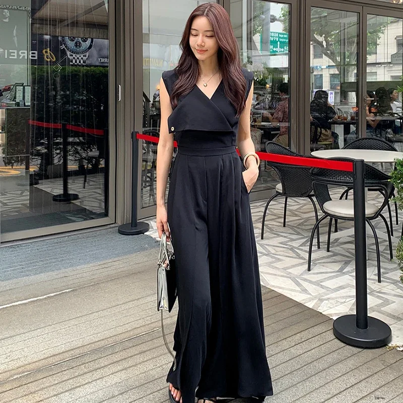 Neploe French Haute Couture V-Neck Split Design Pants 2024 Women Summer Temperament Slimming Waistband Sleeveless Vest Jumpsuit