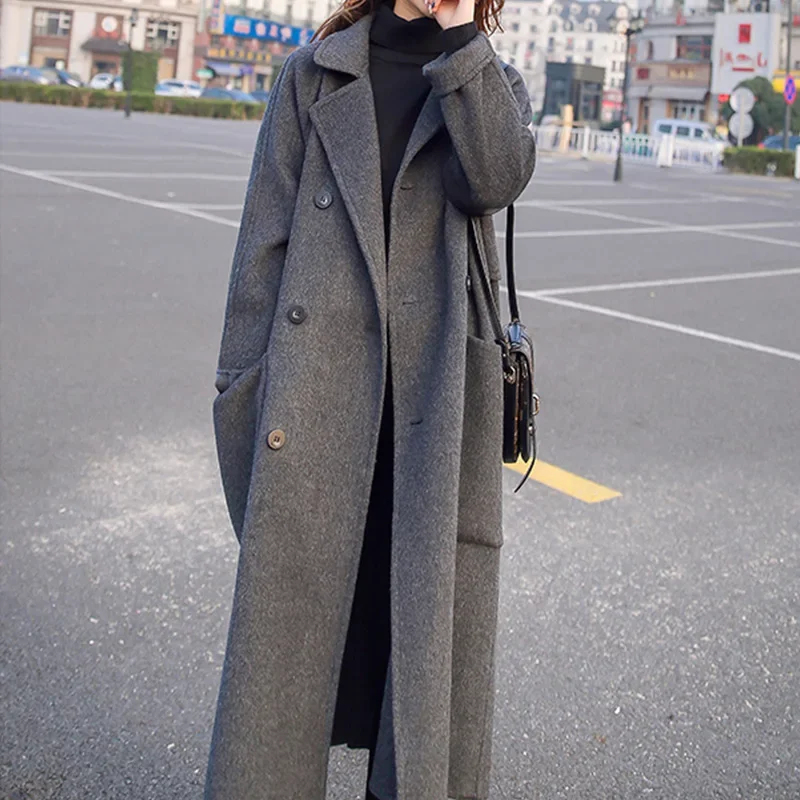 2021 New Autumn Winter Women\'s Wool Coat Female Fashion Long Single Breasted Slim Solid Korean Style Warm Elegant Blends