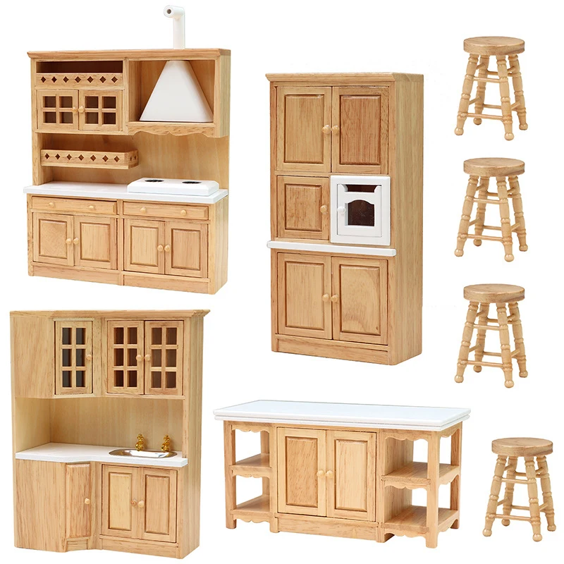 1 Set 1:12 Dollhouse Miniature Wooden Kitchen Furniture Sink Cabinet Stove Cabinet Cupboard Cooking Table Stool Model Decor Toy