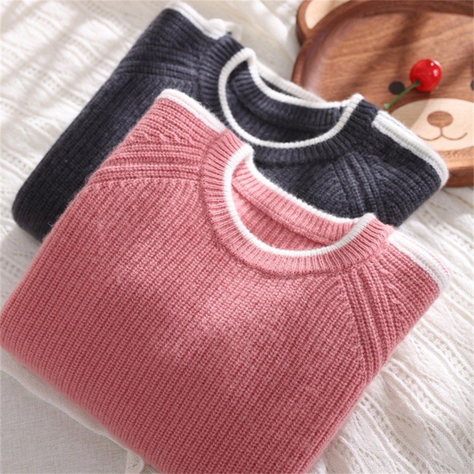 Childrens Round neck pullover sweater 100% woolen sweater Boys girl Stripe Color blocking sweater  Simplicity Warm child Sweater