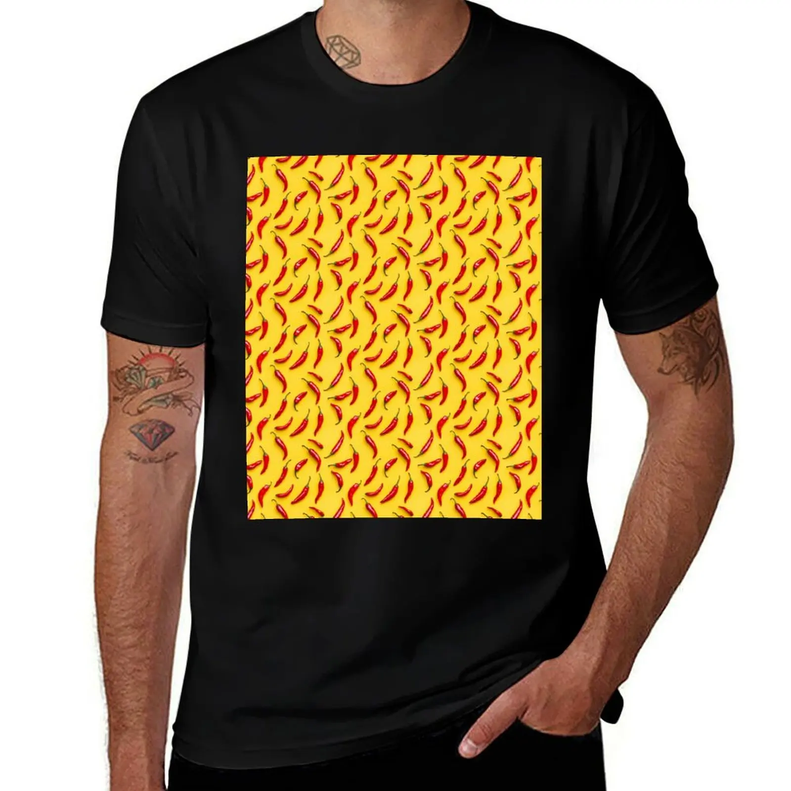 

Red chilli pepper on yellow background T-Shirt cotton graphic tees Luxury man funny shirt cotton mens shirts graphic tee