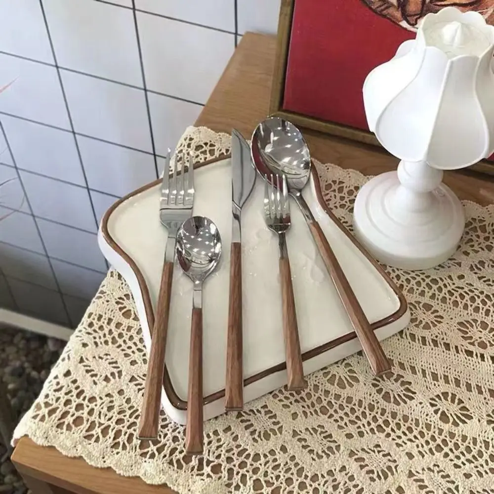 Simplicity Stainless Steel Spoon Fork Knife Wood Grain Thickened Cutlery Set Portable Western Tableware Fruit Fork