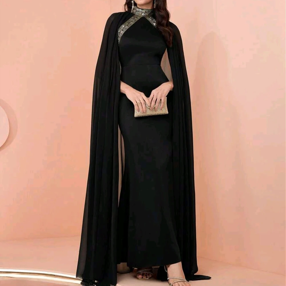 

Customized A-line Evening Dresses Floor-length High-neck Sleeveless Prom Gown Fashion Sequined Simple Stole Draped Party Gown
