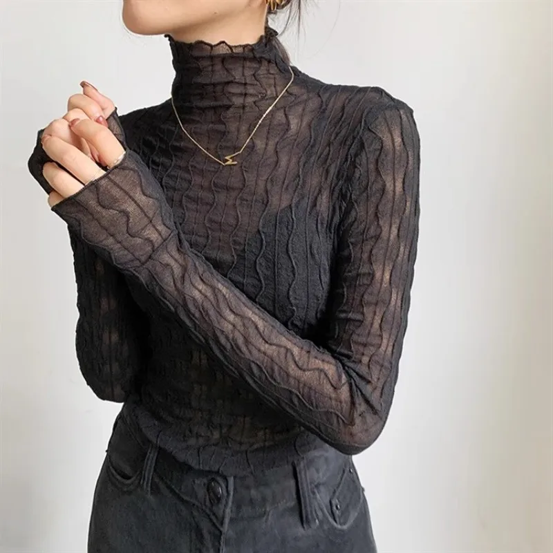 Pull à base de dentelle à col mi-haut pour femme, veste superposée en gaze fine, haut en maille évidée, automne et hiver