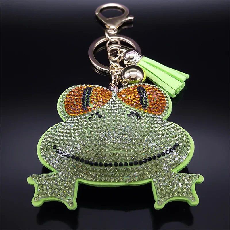 Cute Cartoon Smiling Green Frog Keychain for Women Men Alloy Rhinestone Keyrings Key Holder Car Bag Accessories Jewelry K5123S03