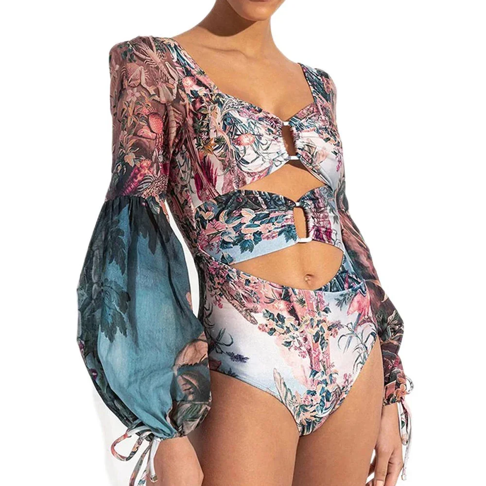 

Long Sleeve Chiffon Print One-piece Swimsuit Women Square Neck Hollow Out Bikini Sexy High Waist Monokini Summer Swimwear 2024