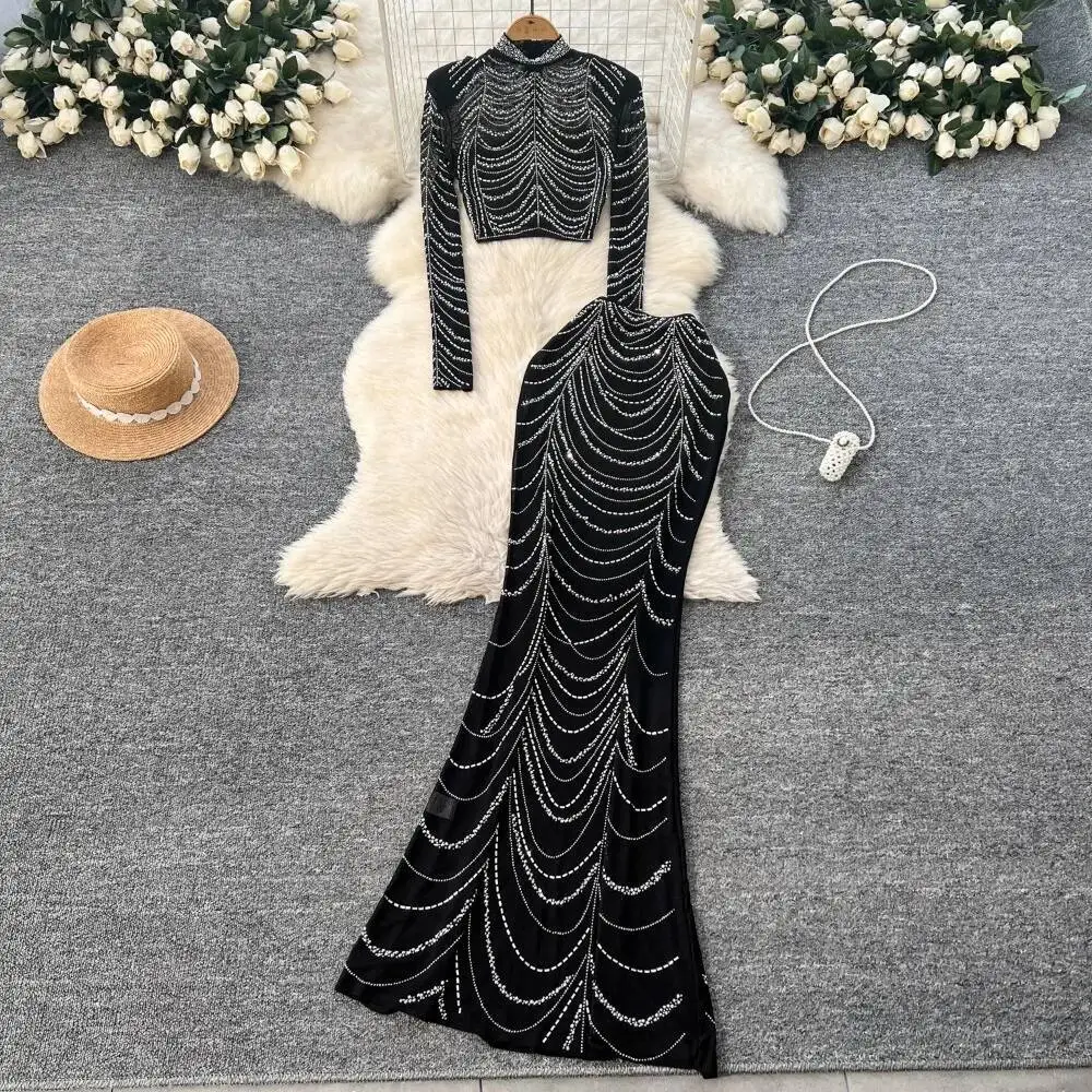 

Elegant Rhinestone Mesh Chic Long Sleeves Slim Short Crop Top High Waist Skirt French Evening Party High Street Two-piece Sets