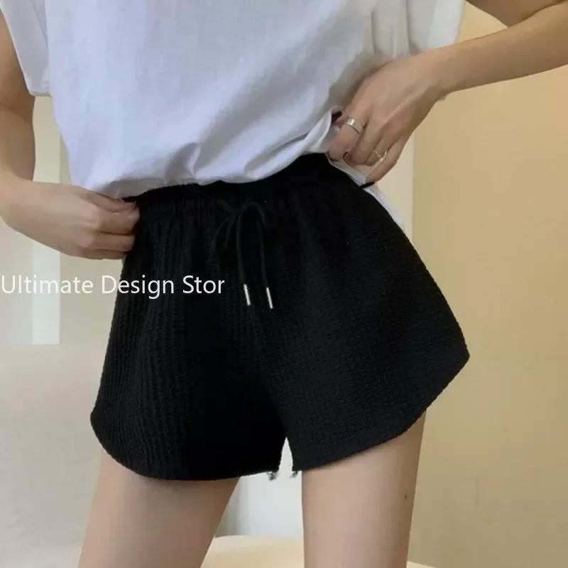 Women Shorts Summer High Elastic Lace Up Drawstring Wide Leg Sweat Short Fitness Running Shorts Loose Casual Large Sports Pants