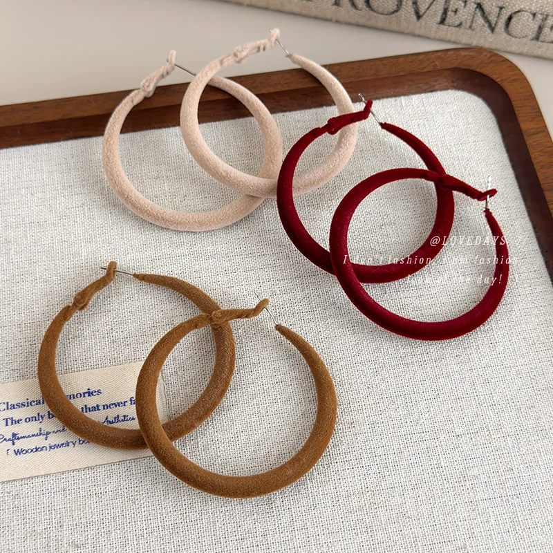 Hoop Earrings Oversized Flocked Velvet Cream Winter Vintage Retro Matte Chic Durable Lightweight Comfortable Daily Essential