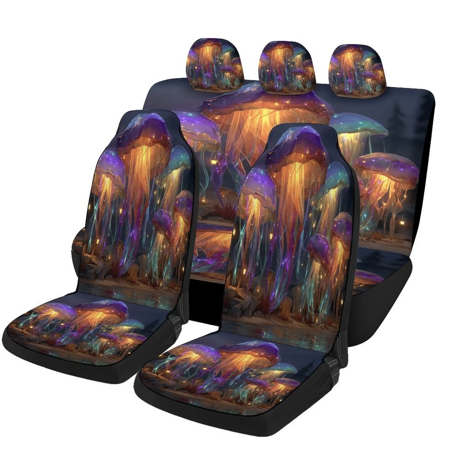 Glowing Jellyfish Forest Car Seat Cover Set - Vibrant Neon Glow-in-the-Dark Design, Fit For Most Cars, Durable Polyester, Machin