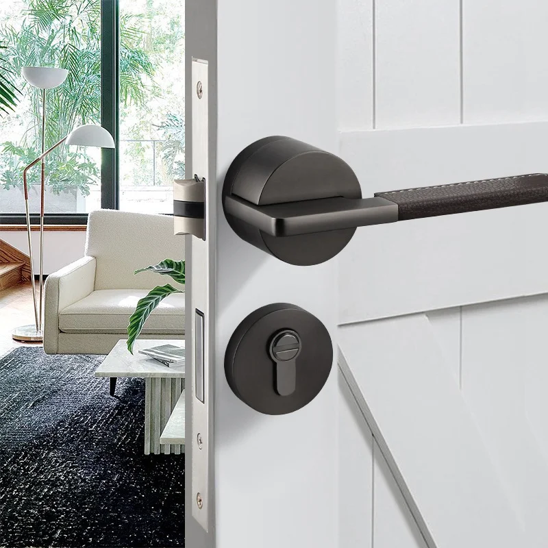 Leather Door Lock Leather Door Handle, Minimalist Light Luxury Interior Mute Black Nickel Split Lock Meeting Room Door Lock