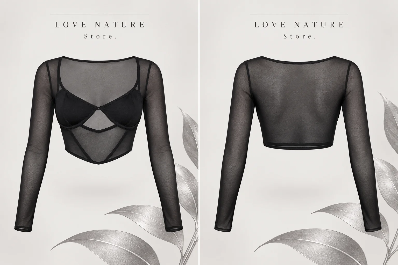 【LOVE NATURE Store】Women's Sexy Black Sheer Mesh Long Sleeve Crop Top, Underwire Bra Detail, Corset Style See Through Blouse