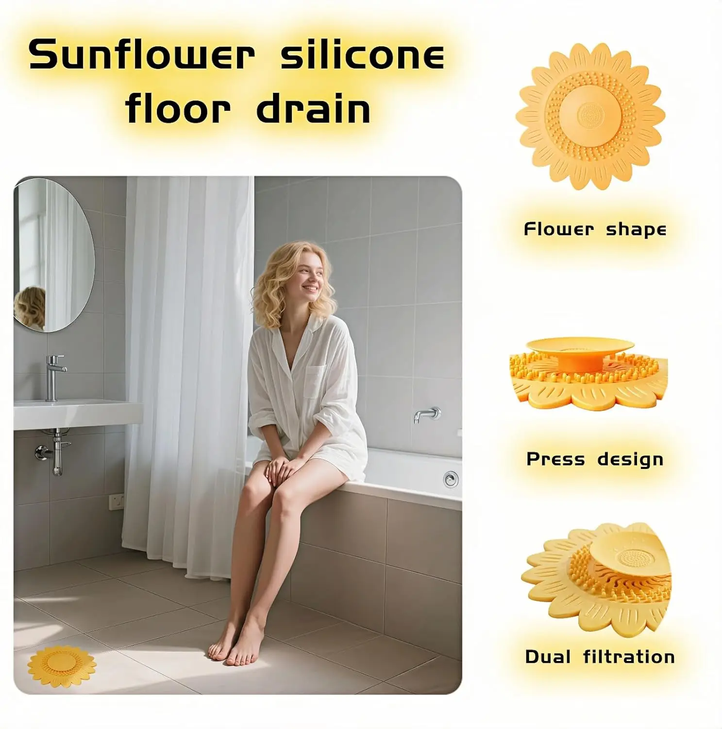 Sunflower Silicone Drain Cover,Hair Catcher for Shower Tub Sink, Flower Shape Bathtub Drain Cover, Non-Slip Silicone Strainer