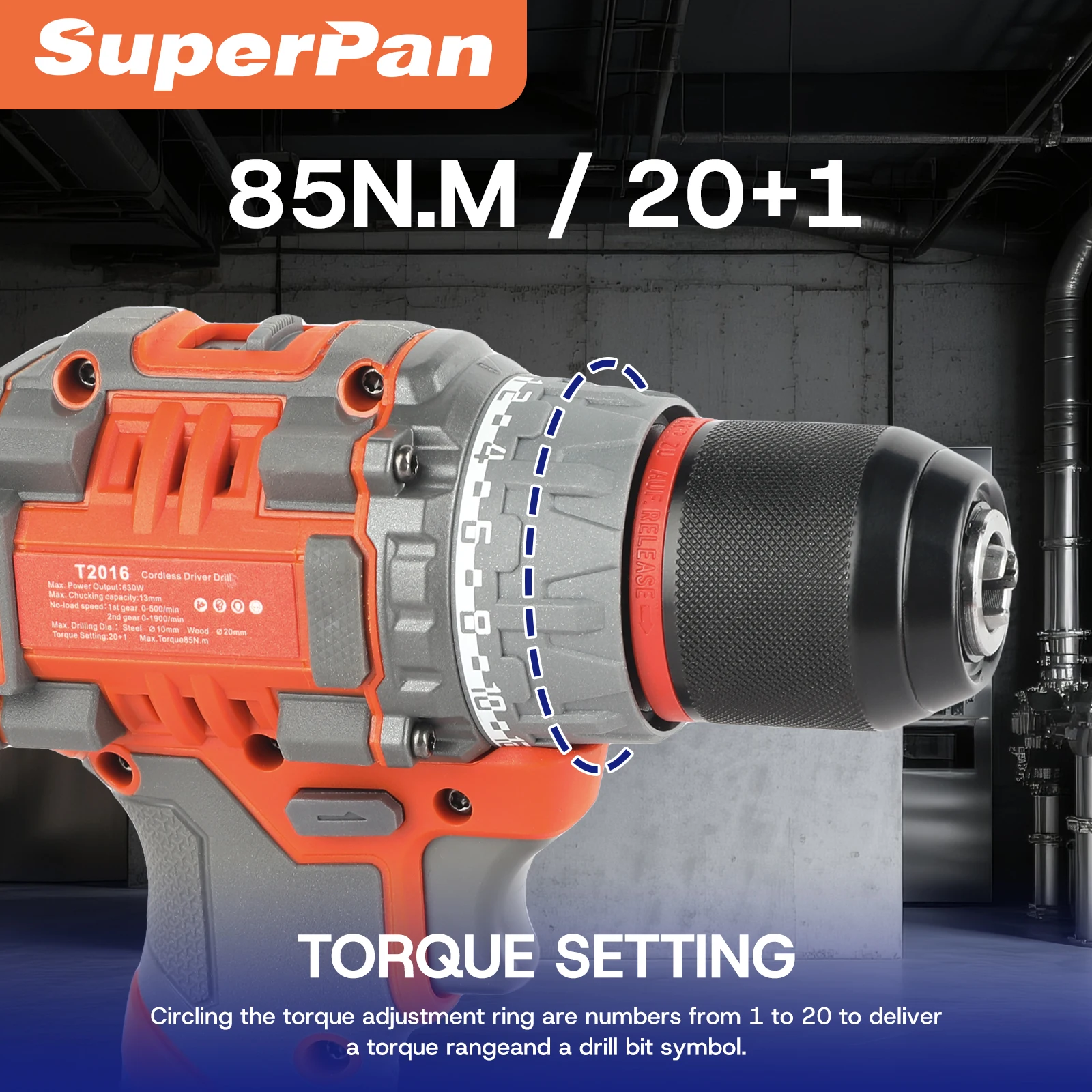 20v cordless drill 20+1 Torque Setting with Battery and Charger, 2 Variable Speed, Built-In LED, Versatile Drills for Electric D