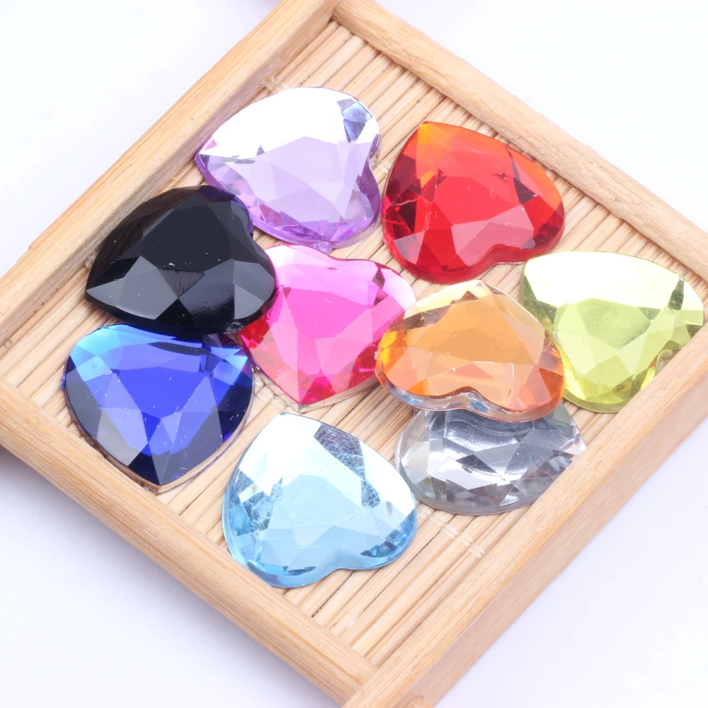 20mm 10/100pcs Flat Back Facets Acrylic Rhinestones Heart Shape Many Colors Glue On Beads DIY Crafts Garments Decorations