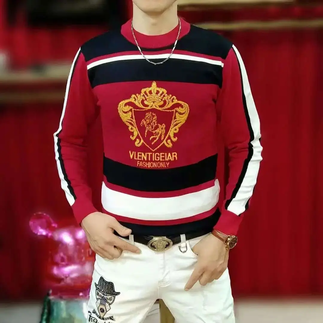 

Faionable Casual Knitted round Ne Base irt for Men with Embroidery And Rhinestone Slim Fit Haome Sweater