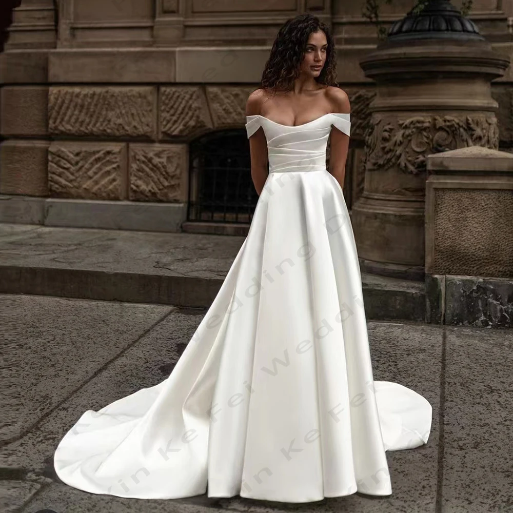 

2025 Women's Bridal Gowns Satin Folded A-Line Princess Sexy Off Shoulder Wedding Dresses Formal Beach Welcome Guest Dress فساتين