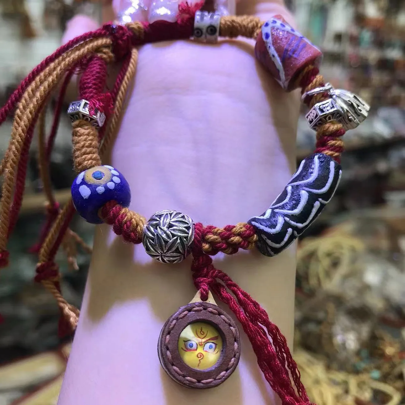 Tibetan Style Hand-braided Bracelet: Nepal Glass Accents, Leather Painted Thangka, Ethnic Cotton Rope, Women's Gift