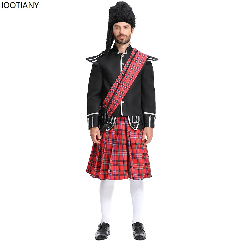 Halloween Red Plaid British Soldier Cosplay Costume Men Scottish Honor Guard Fancy Dress Carnival Purim Party Stage Dress Up New