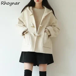 Blends Women Winter New Hooded Horn Button Cropped Warm Outwear Loose Solid Simple Korean Style Soft Coats Clothes Temperament