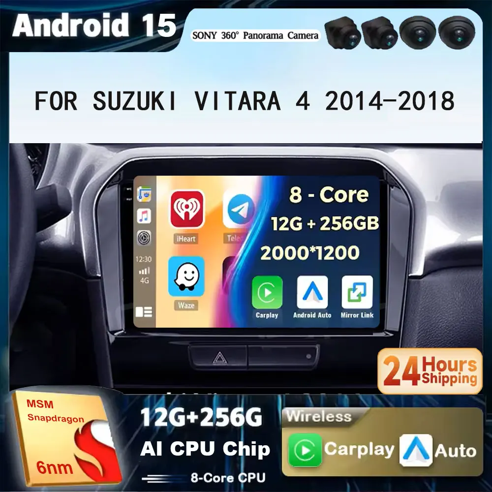 

Автомобильный радиоприемник Android 15 для Suzuki Vitara 4 2014-2018, GPS-мультимедийный плеер, головное устройство Navi, камера 360, беспроводная камера Carplay Auto Video