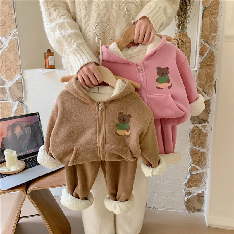 

Boys Girls Plus Velvet Sets Baby Thickened Warm Winter Suits Kids Padded Pajamas+Pants 2Pcs Outfits New Children Fleece Clothing