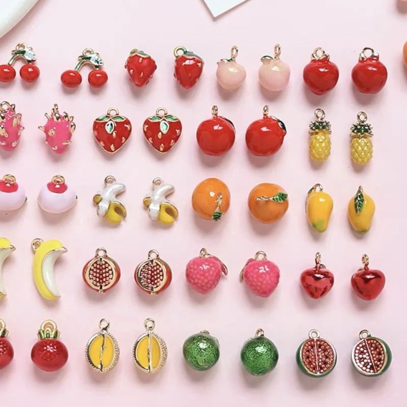 

Summer Fruit Style 30pcs/lot alloy drop oil cartoon Apple, durian, banana, peach, orange, lychee, grape, pineapple shape charms