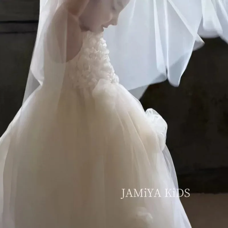 New Dreamy Three-Dimensional Flower Strap Mesh Puffy Birthday Dress for Girls, Princess Dress