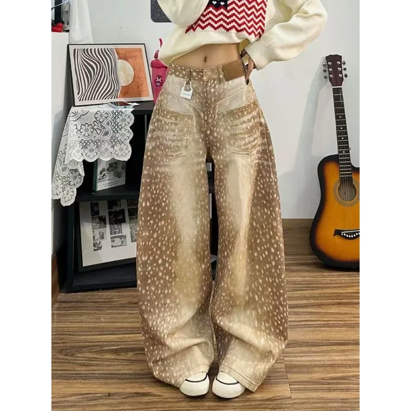 

2026 Women Sexy Retro Color Stitching Floor-Length Knife Pants American High Street Design Deer Pattern Printed Denim Pants