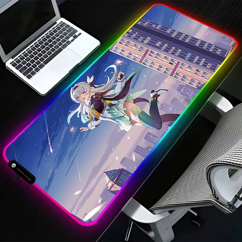 RGB LED Mouse Pad Desk Mat Computer Gaming HD Keyboard Pad Mousepad Rubber Mat Non Slip H-honkai Star Rail Aventurine Mouse Mat