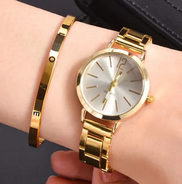 1/2pcs Watch Luxury Women Simple Round Dial Hollow Strap Fashion Gold Bracelet Quartz Wristwatch Student Ladies Watches