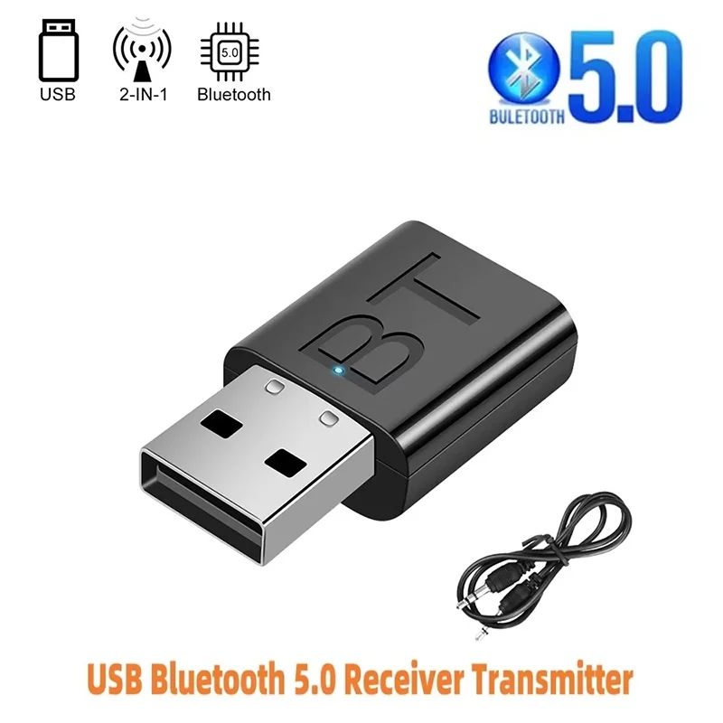 2-in-1-Bluetooth 5.0-Empfänger, kabelloser Bluetooth-Adapter, 3,5 mm Klinke, AUX, Auto-Stereo-Musik, USB-Dongle für PC, TV, Lautsprecher, Kopfhörer