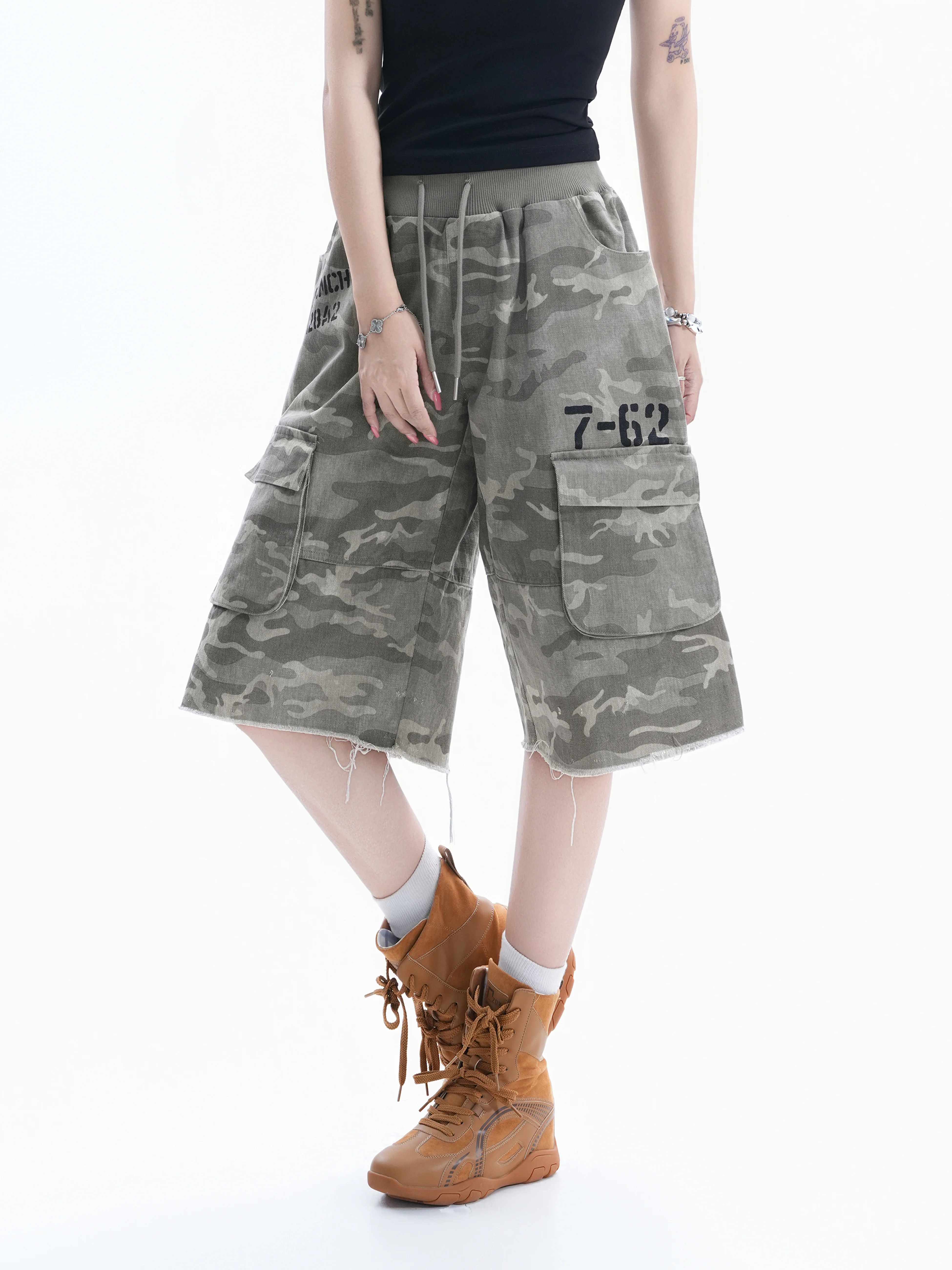 Retro American Camouflage Workwear Seven-Foot Pants Women's Drawstring Faded High Street Couple Wide Leg Medium Pants Trendy
