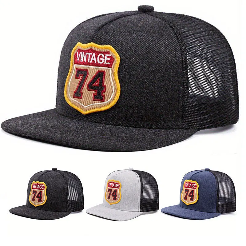 

Flat Brim Trucker Cap Men And Women Flat Brim Street Embroidery Numbers 74 Hip Hop Hat Sunshade Baseball Snapback Hat