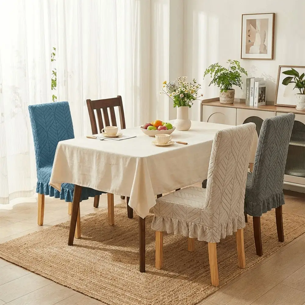 

Skirt Edge Jacquard Dining Chair Cover Solid Color Anti-slip Stretch Seat Cover Removable High-elastic Chair Slipcover Kitchen