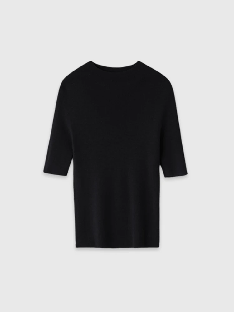 エレガントな黒のスリムフィット半袖レディースベースシャツ初秋ファッショナブルなニットトップ韓国スタイル通勤スタイル