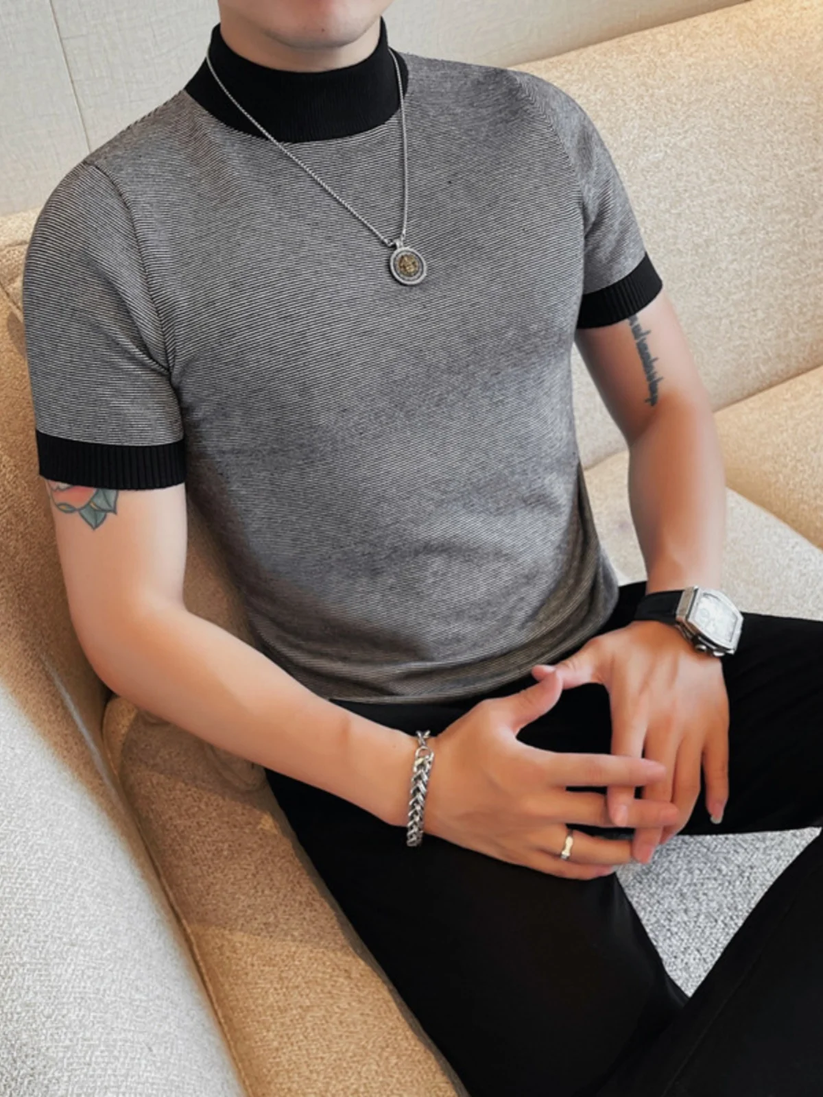 

Мужская трикотажная футболка ort Sve f с высоким воротником, облегающий повседневный модный дышащий городский топ на осень