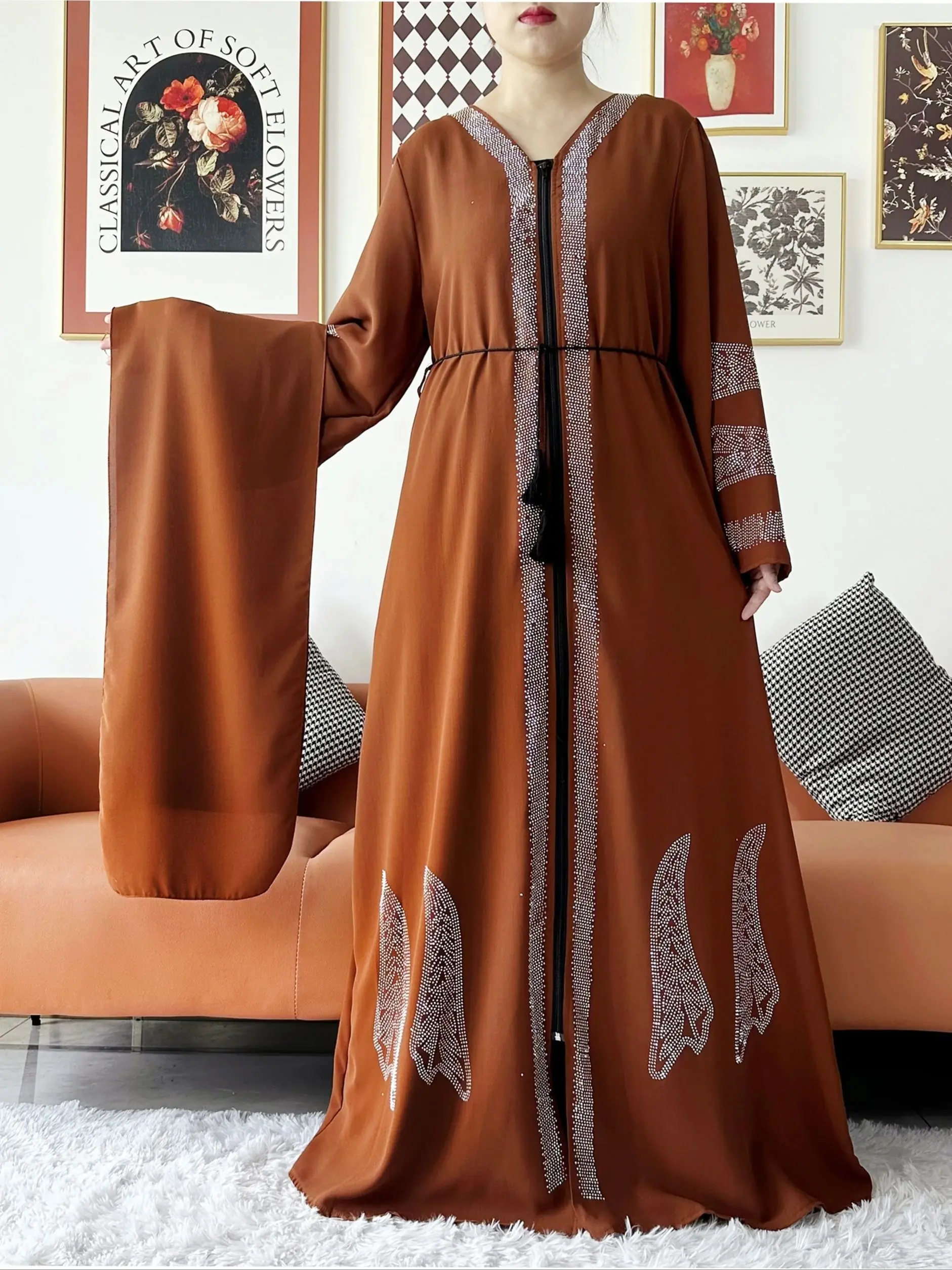 NONE Neue Frauen Elegantes Kleid Chiffon Offene Abaya mit Reißverschluss Muslimische Frauen Kleid Islamische Kleidung Strickjacke Abaya Frauen Muslimischen Kleid 6