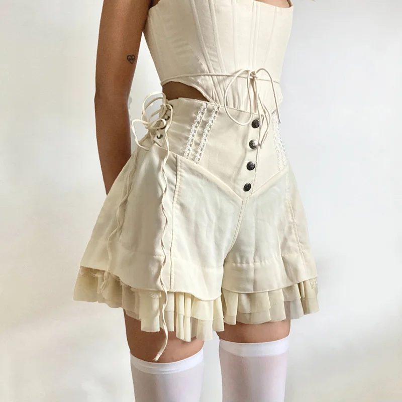 

Patchwork Mesh Tiered Ruffle Shorts Sweet Cute Khaki Wide Form Side Bandage Hot Pants Y2K Style Girls Summer Casual Mini Shorts