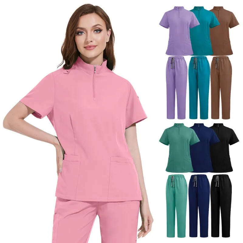 New Nurse Women Casual Short Sleeved Apparel Top Pharmacy Working Medical Hospital Doctor Nursing Uniform Stand-up collar Zipper