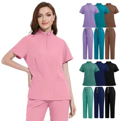 New Nurse Women Casual Short Sleeved Apparel Top Pharmacy Working Medical Hospital Doctor Nursing Uniform Stand-up collar Zipper